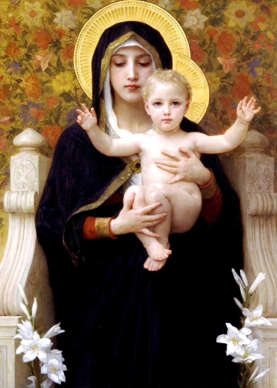 The Madonna of the Lilies, Bouguereau Oil Painting Reproduction, Framed Christian Art | BoselliArt hand-painted oil painting