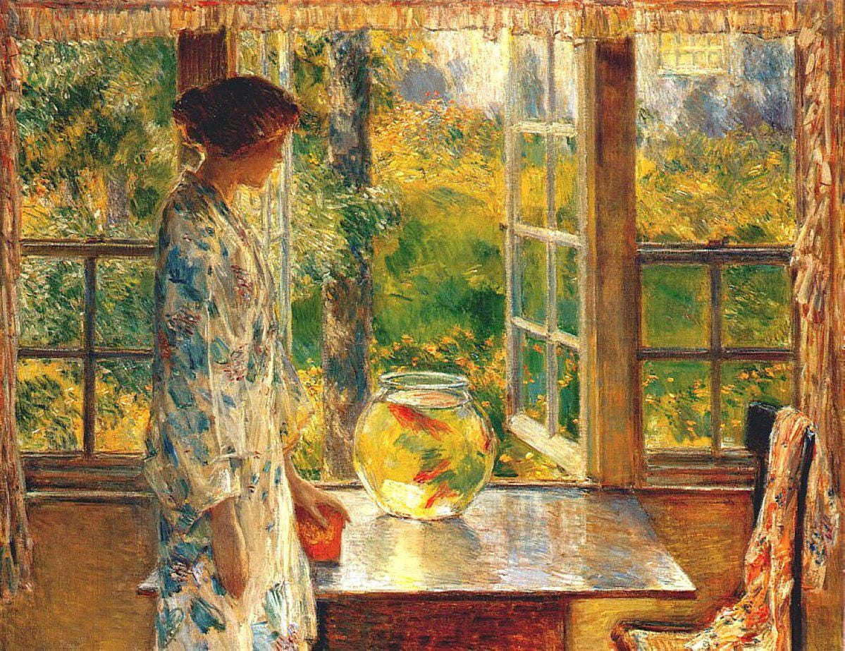 Childe Hassam 'Bowl of Goldfish' Oil Painting Reproduction, Framed Canvas Wall Art | BoselliArt hand-painted oil painting