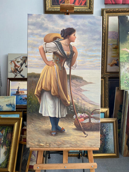 Farm Girl Oil Painting, Traditional Countryside Scene, Rustic Wall Decor | artwork image 2