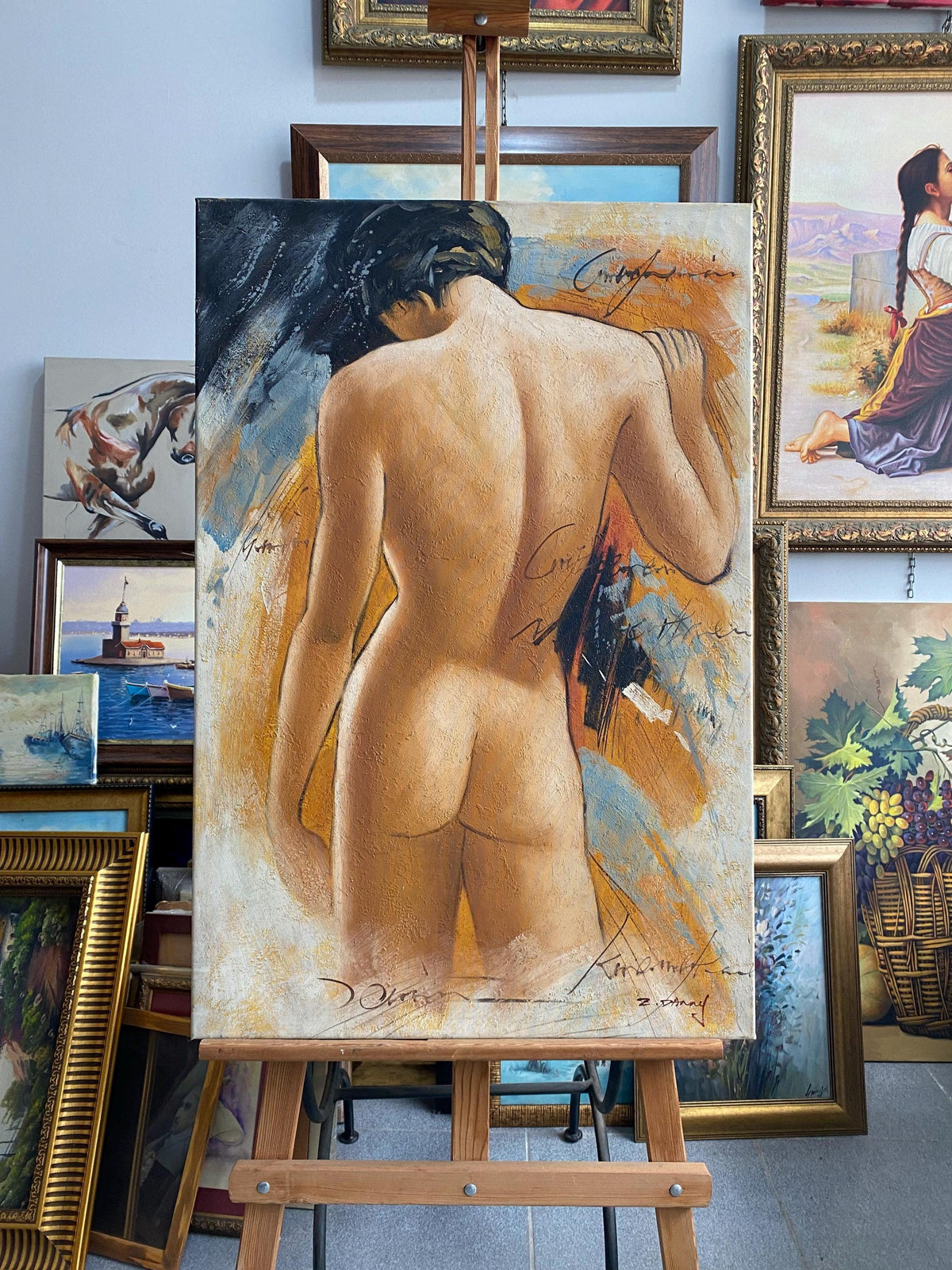 Elegant Male Nude Oil Painting, Abstract Figure Art, Textured Canvas, 23x35 | BoselliArt hand-painted oil painting