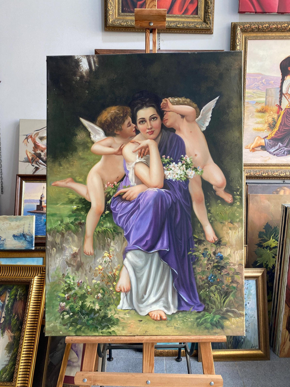 Hand-Painted Oil Painting, Woman with Cherubs, Romantic Vintage Art | BoselliArt hand-painted oil painting