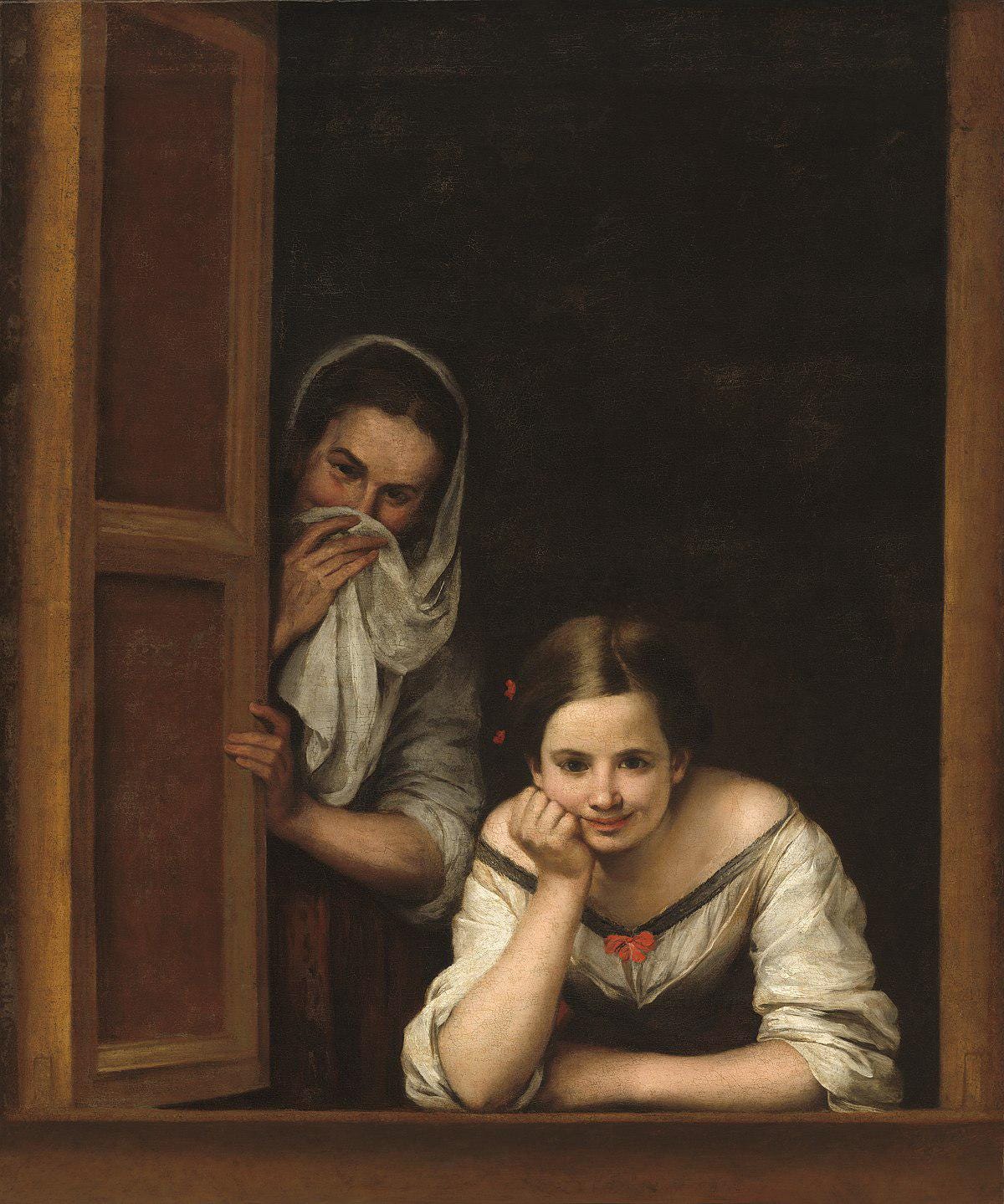 Murillo Two Women at a Window Oil Painting Reproduction, Framed Canvas Art | BoselliArt hand-painted oil painting