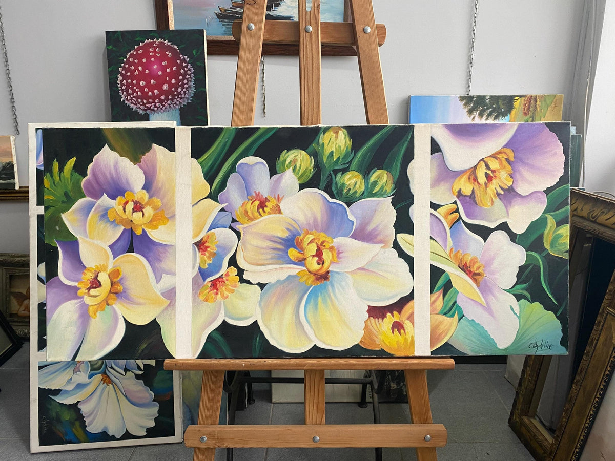 Hand-Painted Daffodil Triptych, Floral Oil Painting, Large Wall Art (17x39) | BoselliArt hand-painted oil painting