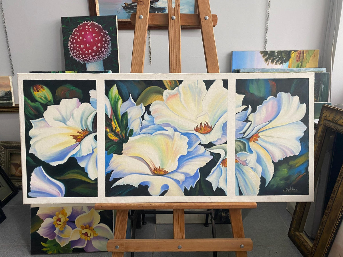 Hand-Painted White Flower Triptych, Large Floral Oil Painting | BoselliArt hand-painted oil painting