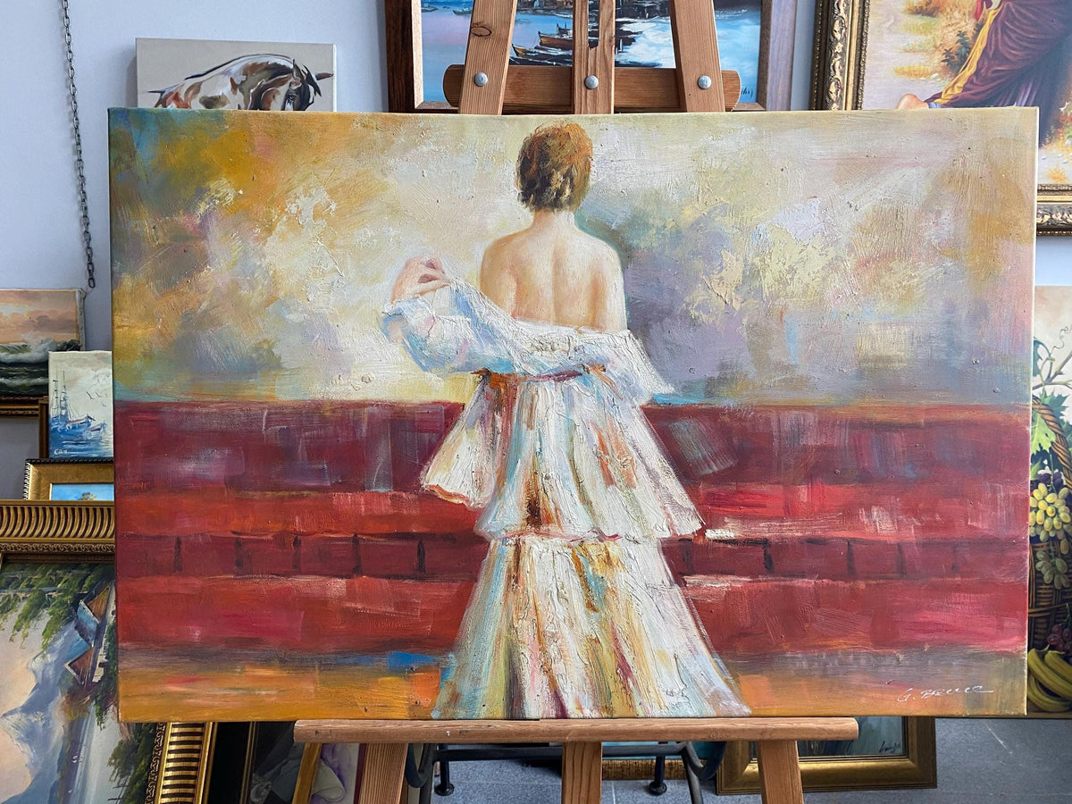 Abstract Oil Painting, Woman in White Dress, Impressionist Wall Art | BoselliArt hand-painted oil painting