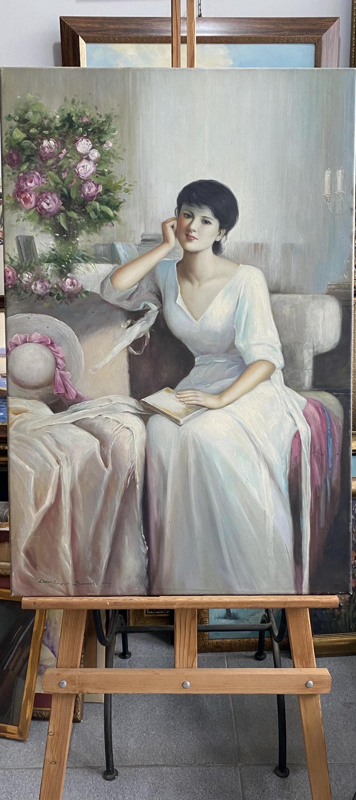 Vintage Woman Reading Oil Painting, Romantic Floral Portrait Art | BoselliArt hand-painted oil painting