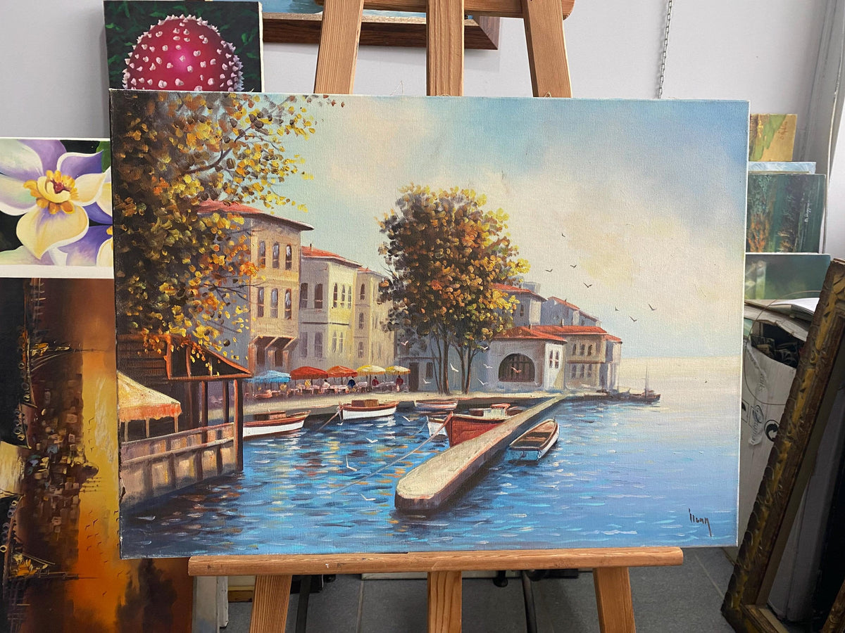 Hand-Painted Mediterranean Village Canvas Art, Coastal Nautical Decor | BoselliArt hand-painted oil painting