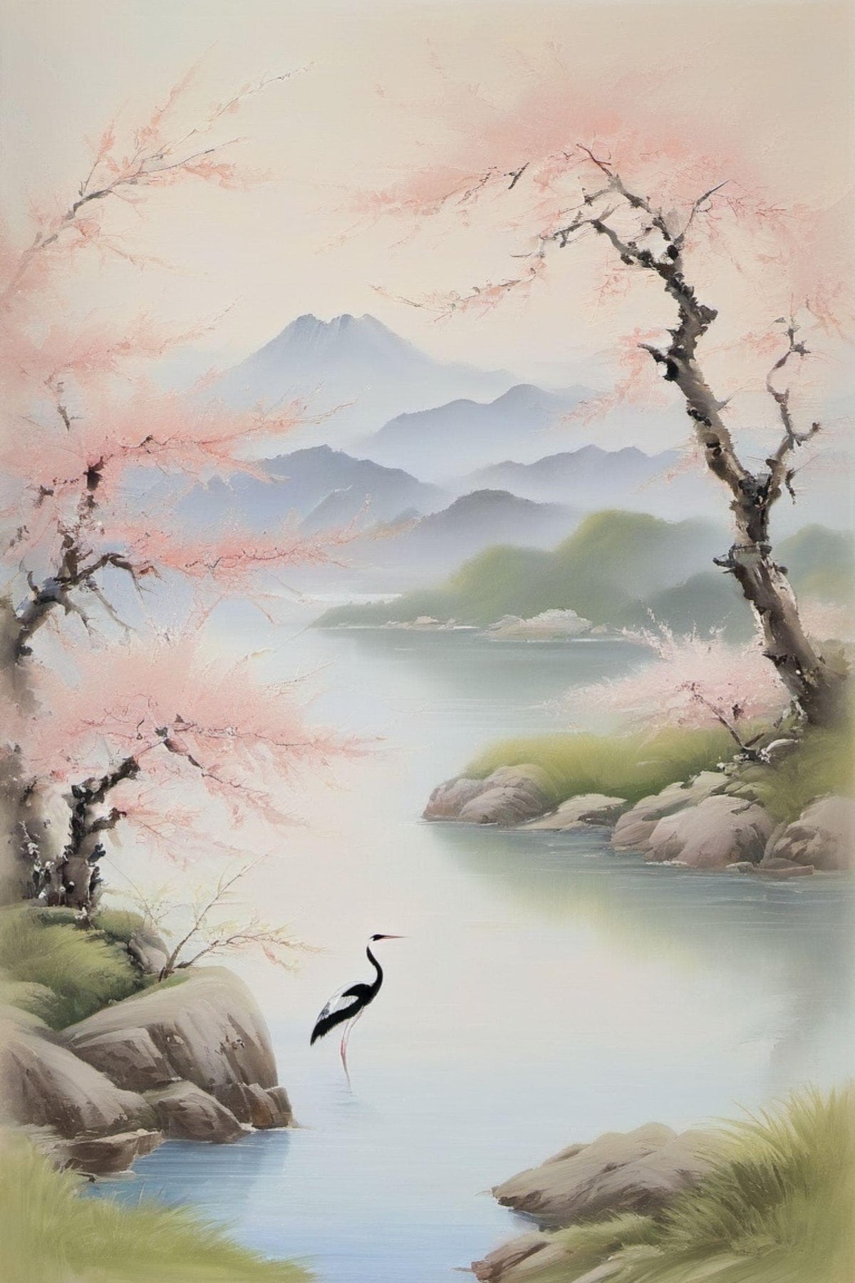 Japanese Cherry Blossom Painting, Crane, Serene Sakura Asian Wall Art | BoselliArt hand-painted oil painting