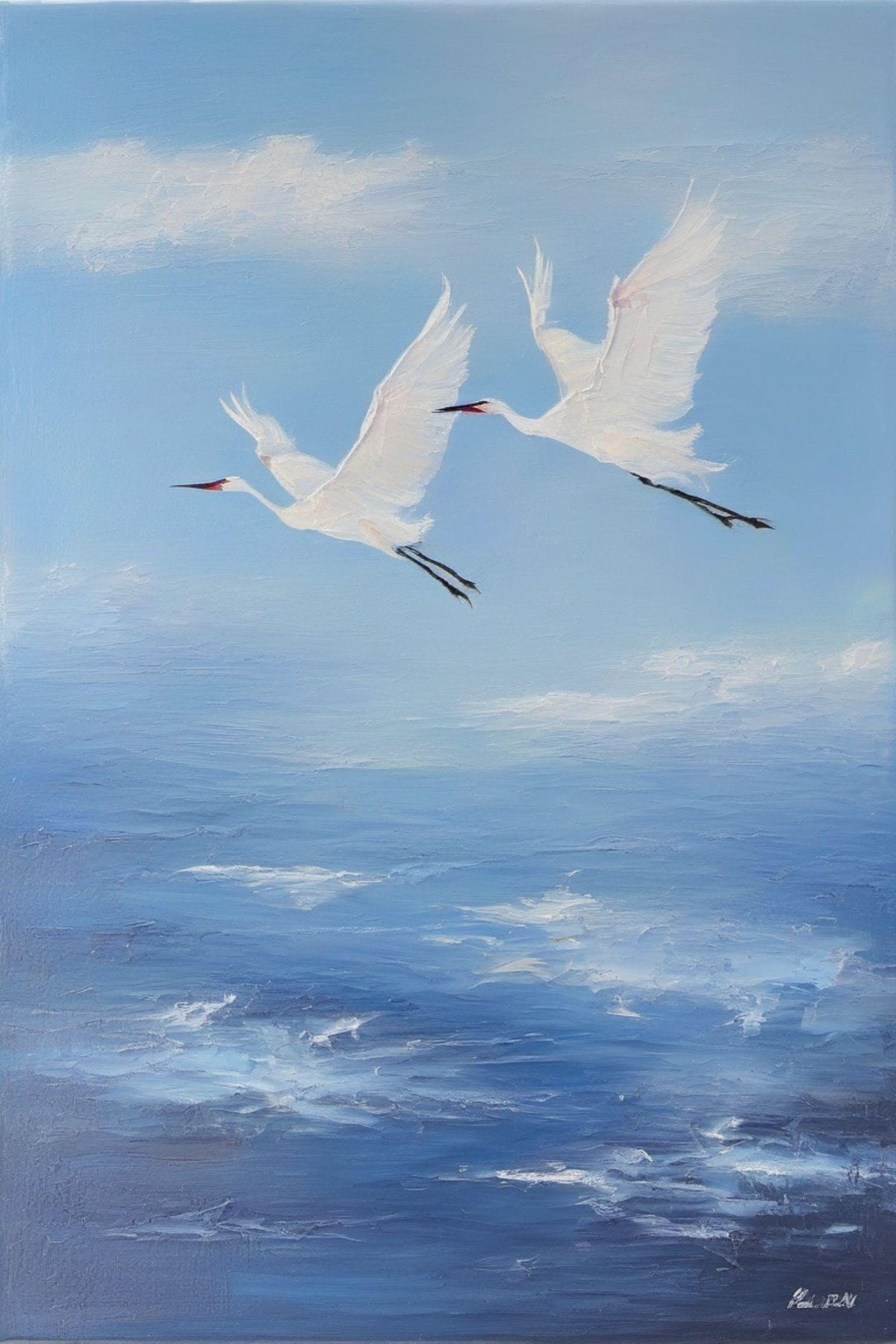 Elegant White Cranes Oil Painting, Large Ocean Canvas Artwork | BoselliArt hand-painted oil painting