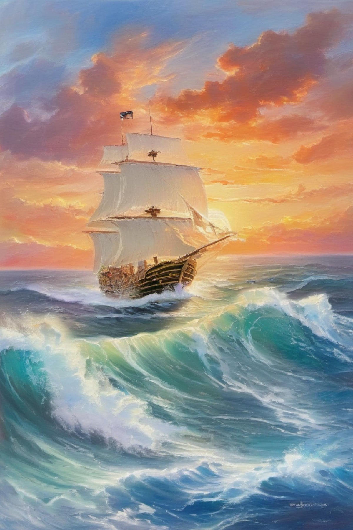 Majestic Sailing Ship Painting, Nautical Sunset Canvas Art | BoselliArt hand-painted oil painting