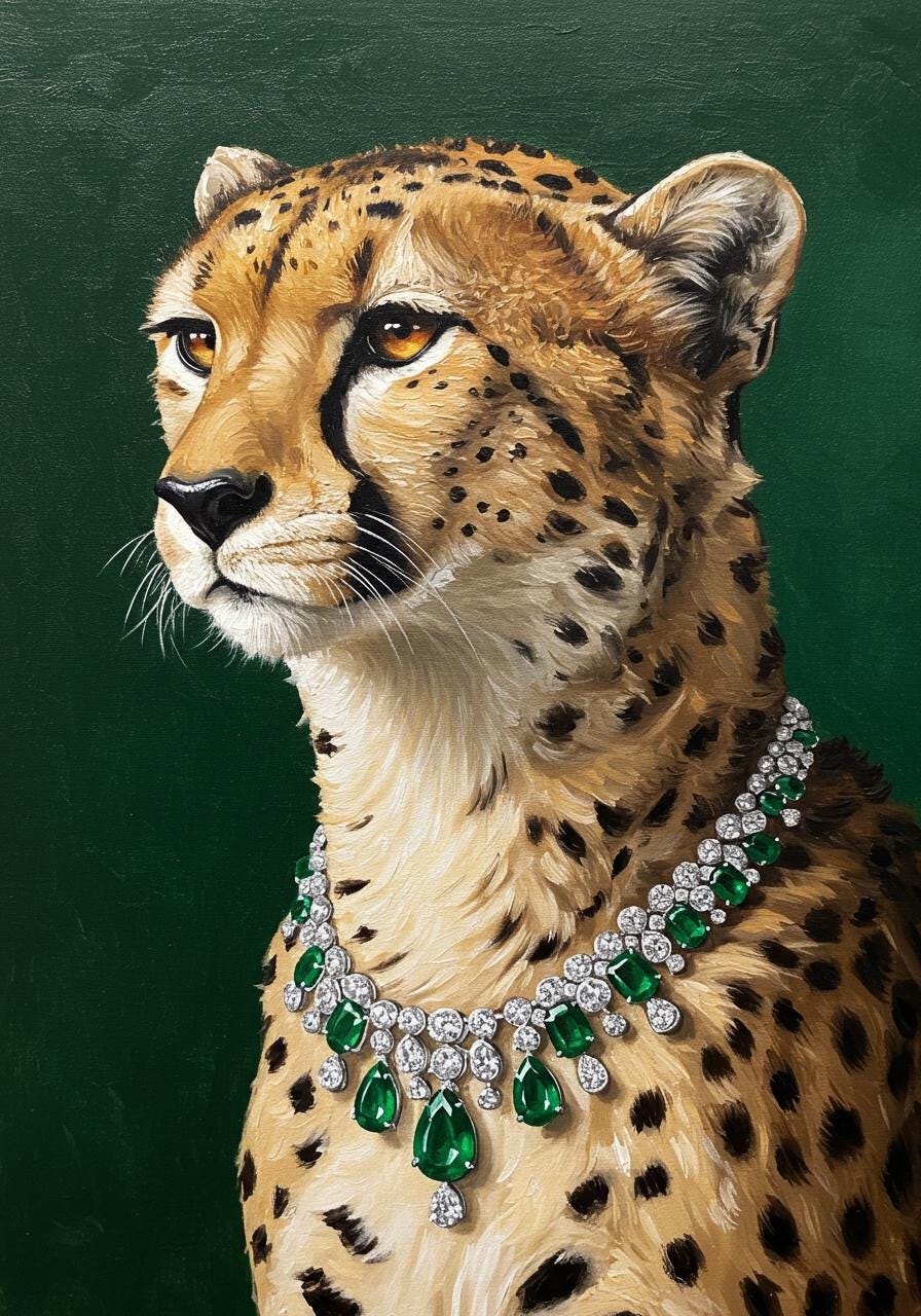 Original Cheetah Oil Painting, Emerald Necklace, Luxury Wildlife Art | BoselliArt hand-painted oil painting