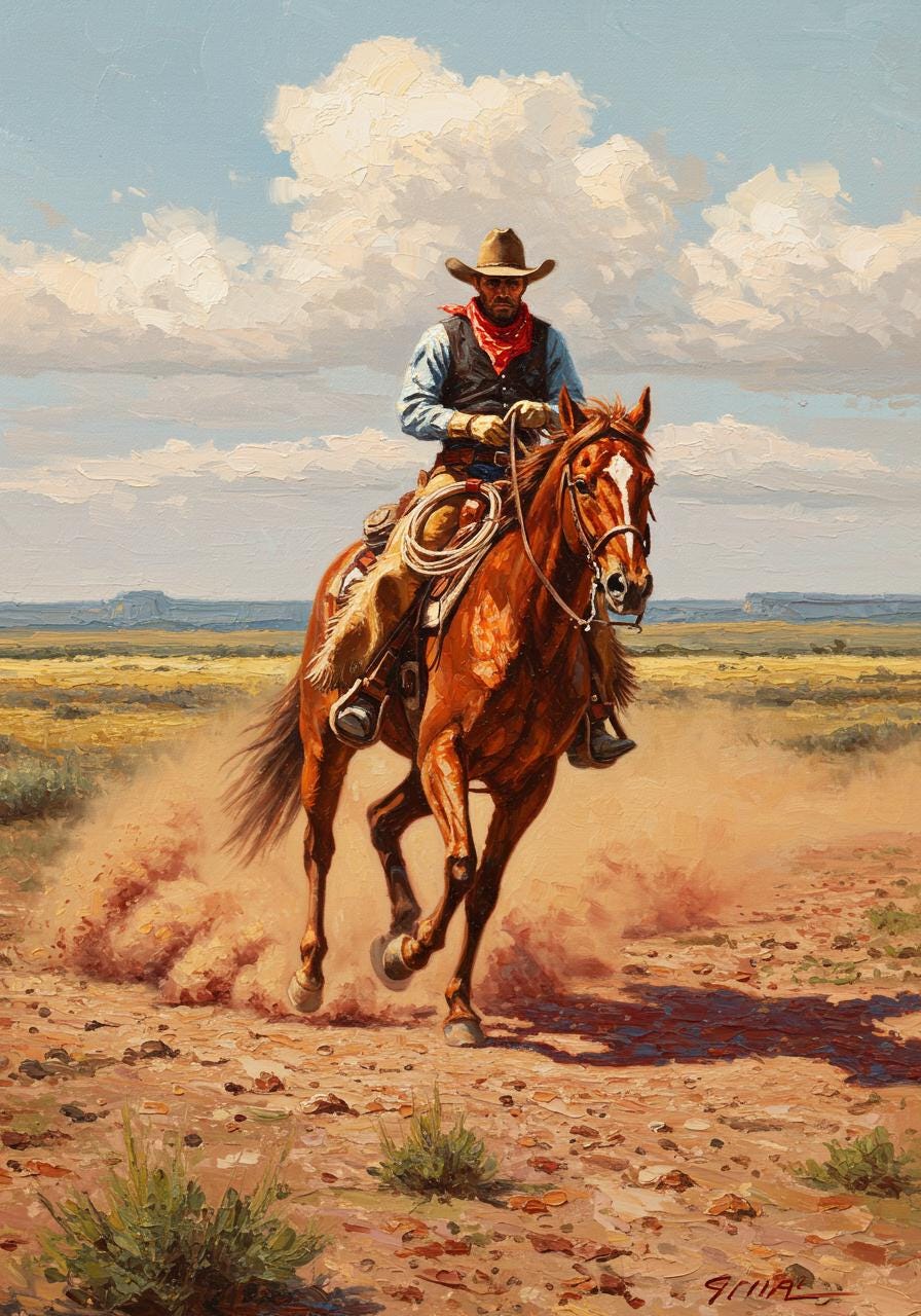 Western Cowboy Oil Painting on Canvas, Rustic Horse Rider Art | BoselliArt hand-painted oil painting