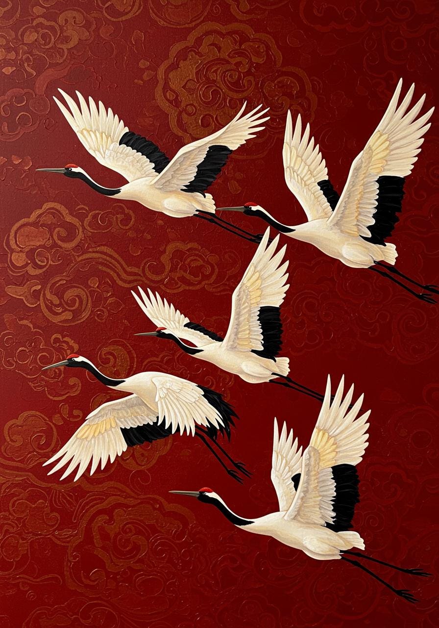 Red Crowned Crane Oil Painting, Asian Inspired Wildlife Art | BoselliArt hand-painted oil painting