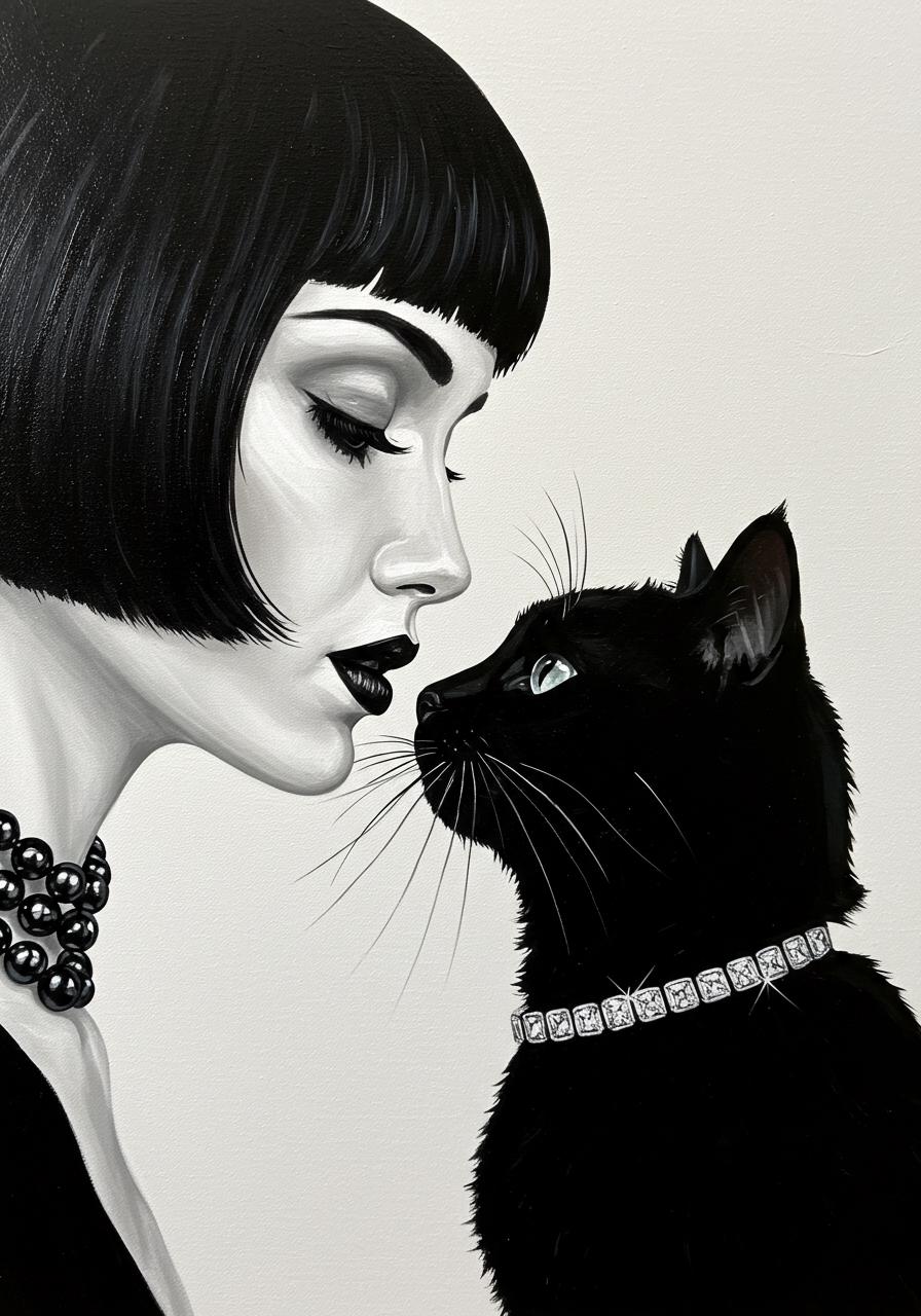 Original Black Cat Oil Painting, Woman Portrait, Gothic Home Decor | BoselliArt hand-painted oil painting