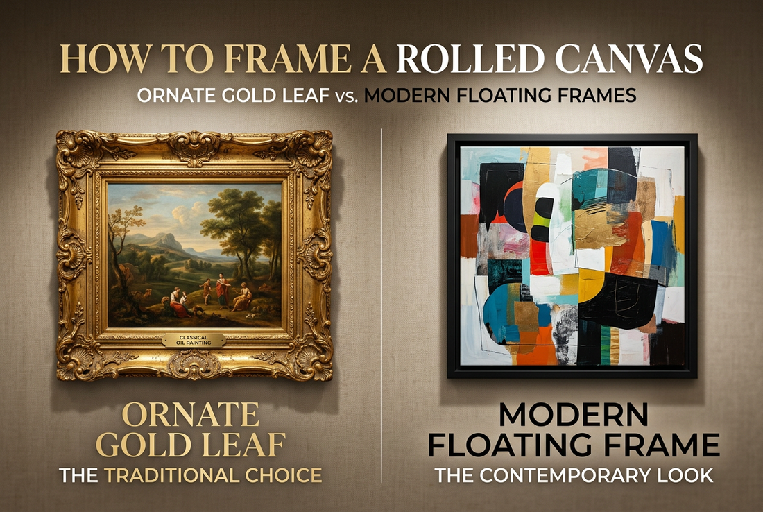 A complete guide to framing rolled canvas paintings. Compare ornate gold leaf frames with modern floating frames and find the best option for your art style.