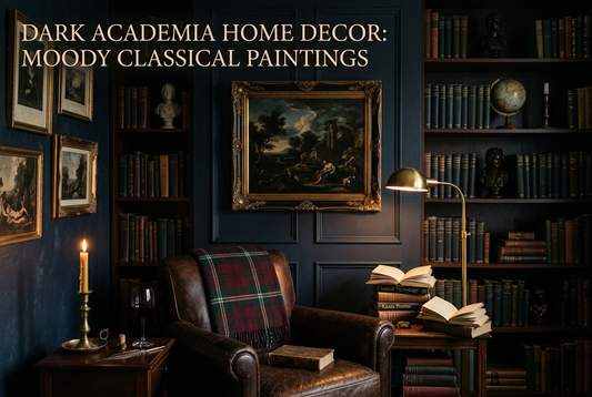 Learn how to create a Dark Academia aesthetic at home with moody classical oil paintings, rich jewel tones, and curated art reproductions from BoselliArt.