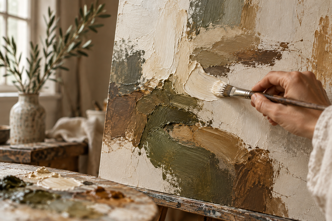 Hand-painted oil painting reproduction hung above a sofa in a living room