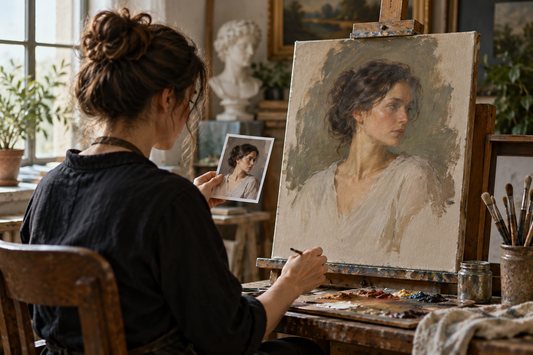 Artist painting a custom oil portrait on canvas in a studio