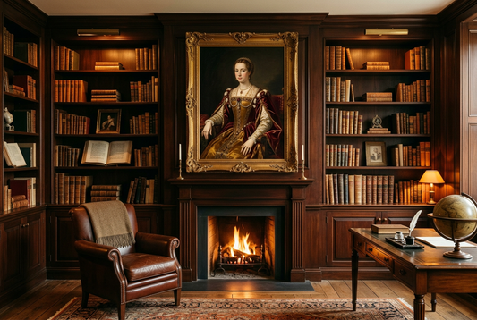 Elegant home library with warm amber lighting and a large Renaissance portrait oil painting as a focal point on the wall, surrounded by wood bookshelves