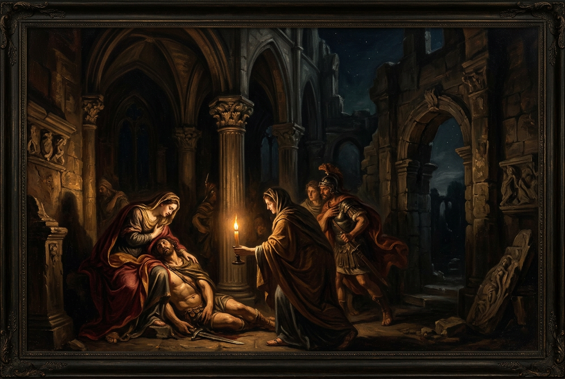 Dramatic Old Master painting composition with chiaroscuro lighting, Greek mythological figures and gothic architectural ruins in deep shadow and candlelight