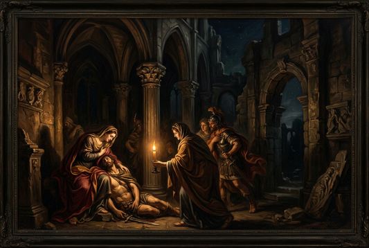 Dramatic Old Master painting composition with chiaroscuro lighting, Greek mythological figures and gothic architectural ruins in deep shadow and candlelight
