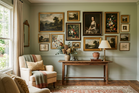 Curated gallery wall with multiple framed oil paintings including landscapes, portraits and botanical still lifes arranged harmoniously in an elegant home interior