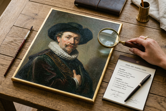 Oil painting reproduction on canvas with visible brushwork, magnifying glass and quality checklist — guide to choosing the best reproduction company