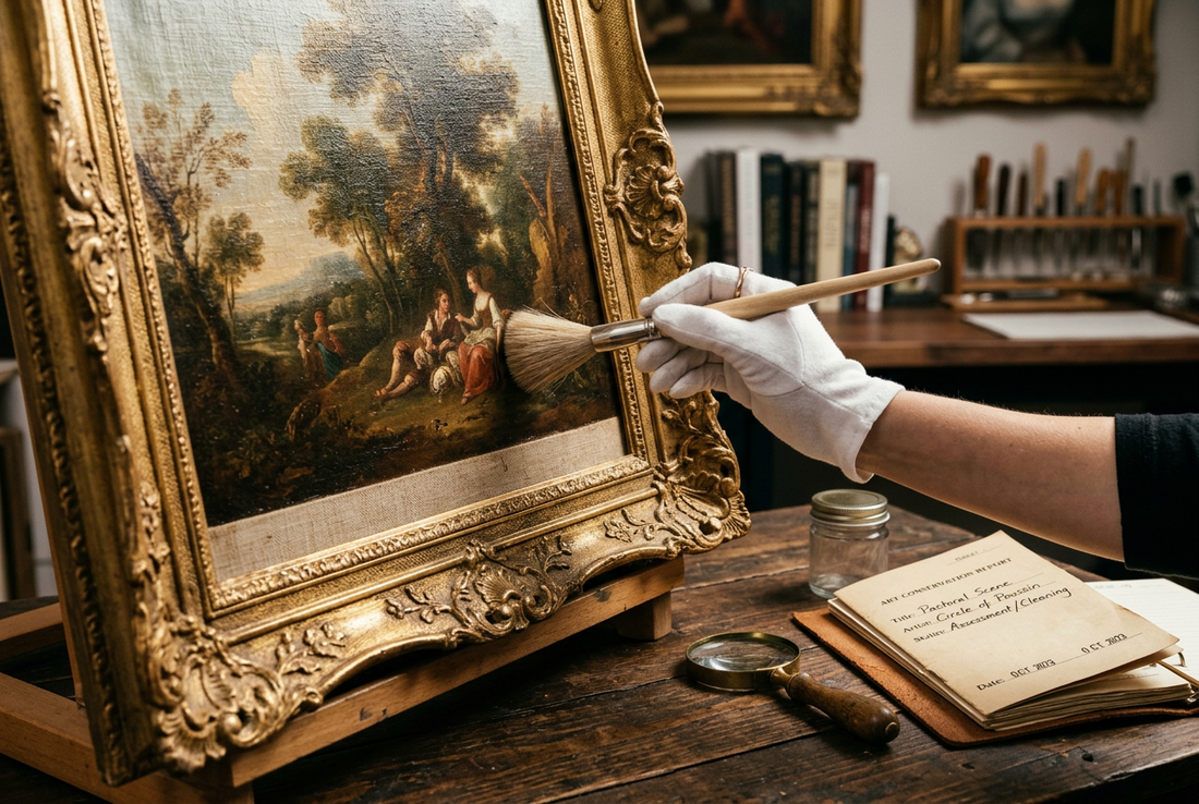 Gloved hand with soft brush carefully preserving a classical oil painting in ornate gold frame — collector's guide to oil painting care and cleaning