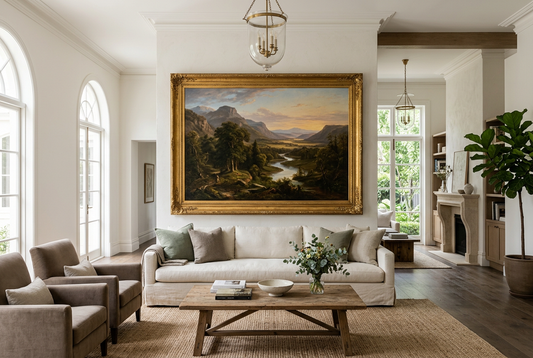 Spacious elegant living room with high ceilings and a large oversized classical oil painting as the focal point above a sofa, with warm natural light