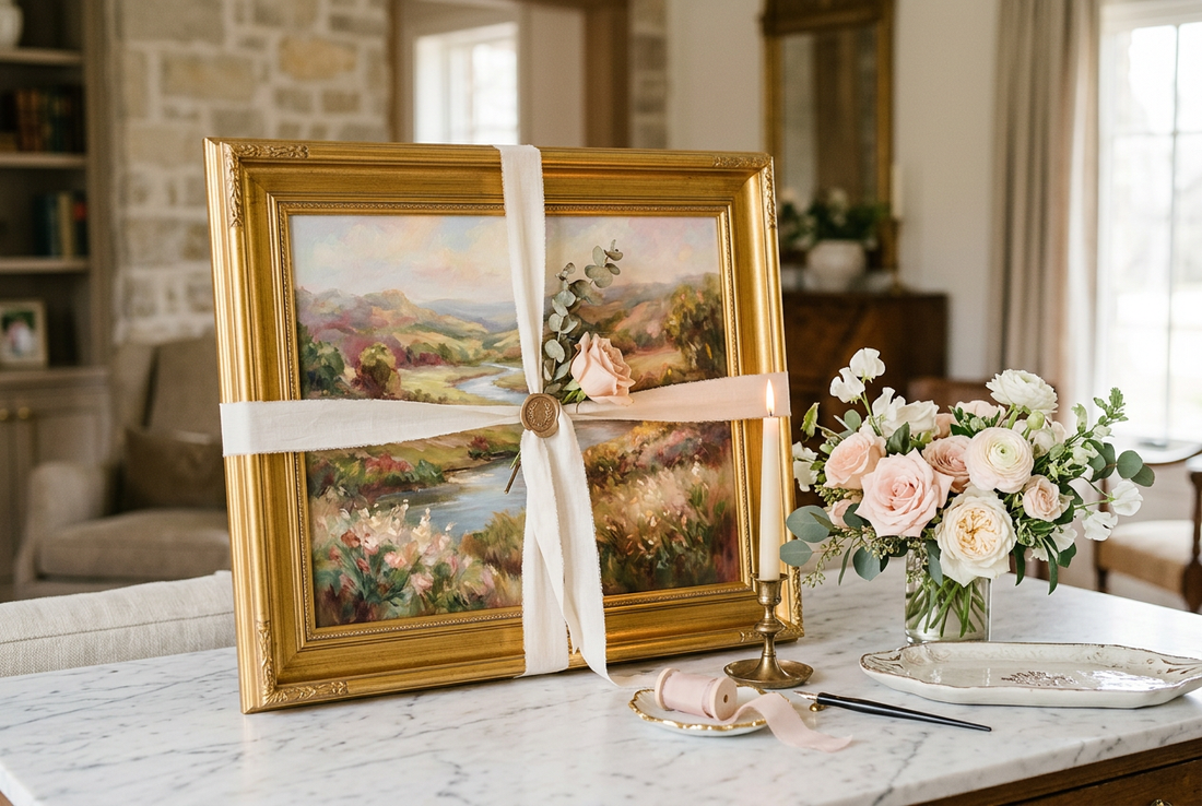 Elegantly presented oil painting as a gift on a marble surface surrounded by soft florals and candles in a romantic ivory and gold setting
