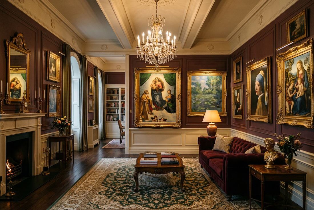 Elegant living room with classical oil paintings on the walls, Renaissance and Impressionist artworks in a gallery-style interior