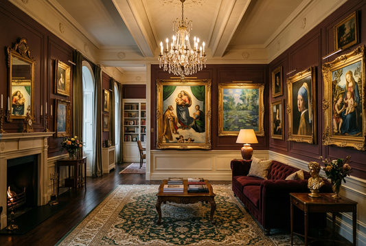 Elegant living room with classical oil paintings on the walls, Renaissance and Impressionist artworks in a gallery-style interior