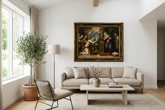 Learn how to blend classical Renaissance oil paintings with minimalist modern furniture. Interior design tips and art styling inspiration from BoselliArt.