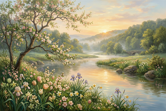 Classical oil painting style composition with blooming spring flowers and a serene river landscape at dawn, symbolizing rebirth and renewal in art history