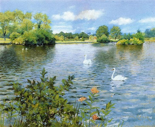 William Merritt Chase, Swans on Long Island Lake, Oil Painting Reproduction | BoselliArt hand-painted oil painting