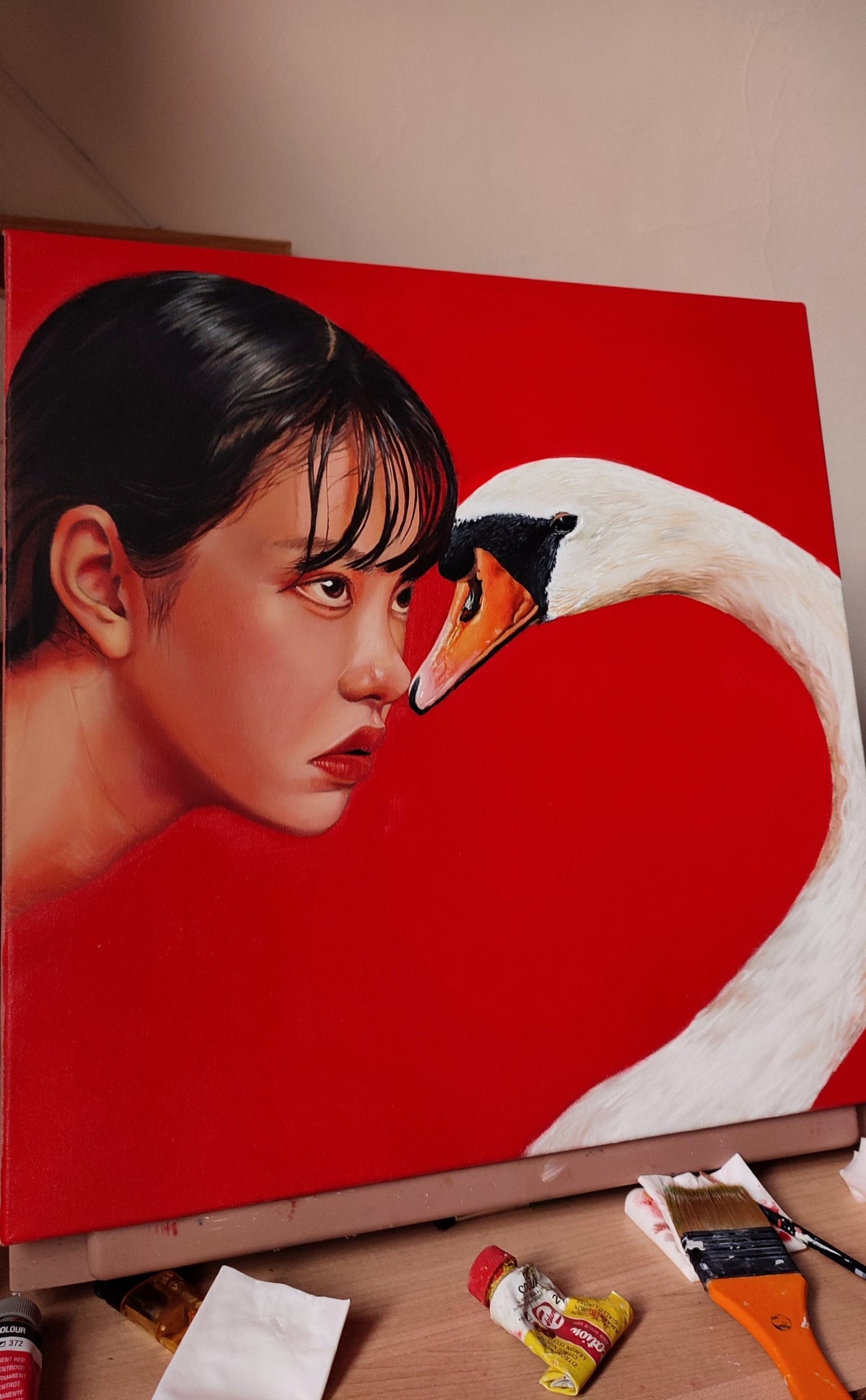 Swan and Woman Oil Painting: Graceful Encounter, Red Wall Art | artwork image 2