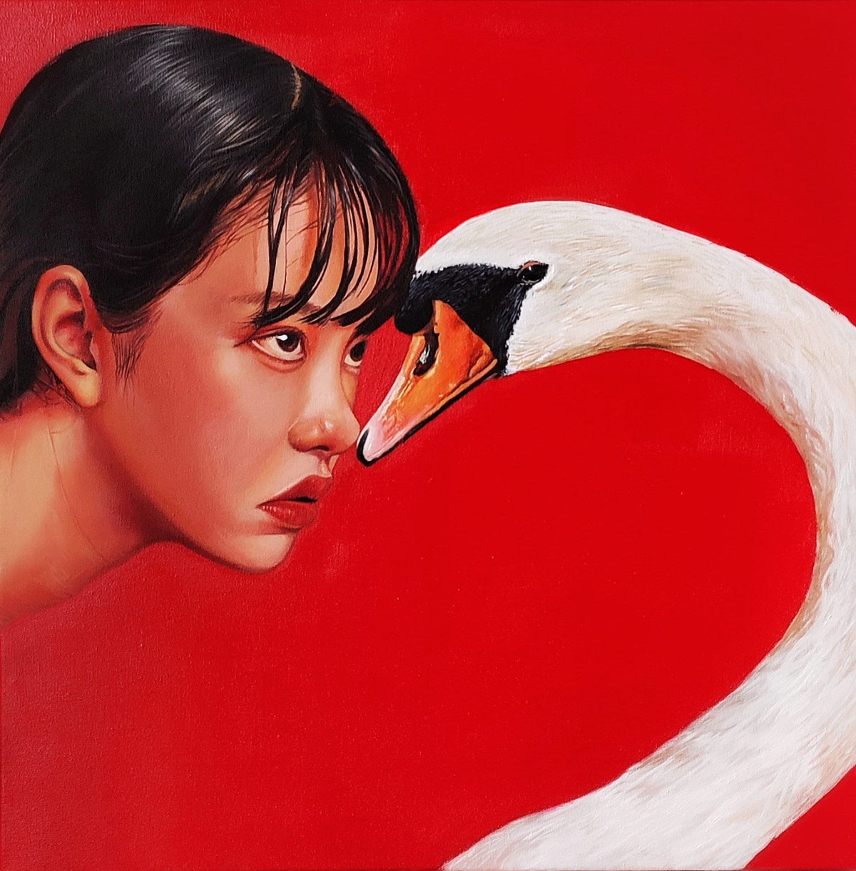 Swan and Woman Oil Painting: Graceful Encounter, Red Wall Art | BoselliArt hand-painted oil painting