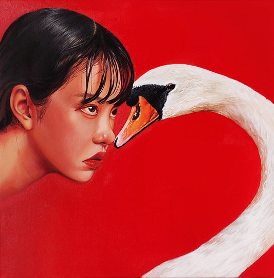 Swan and Woman Oil Painting: Graceful Encounter, Red Wall Art | BoselliArt hand-painted oil painting