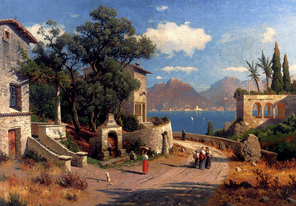 Italian Lake Village Oil Painting Reproduction, Carl Gustav Rodde, Home Decor | BoselliArt hand-painted oil painting