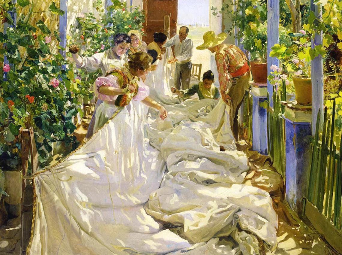 Sorolla Sewing the Sail Oil Painting Reproduction, Framed Canvas Art | BoselliArt hand-painted oil painting