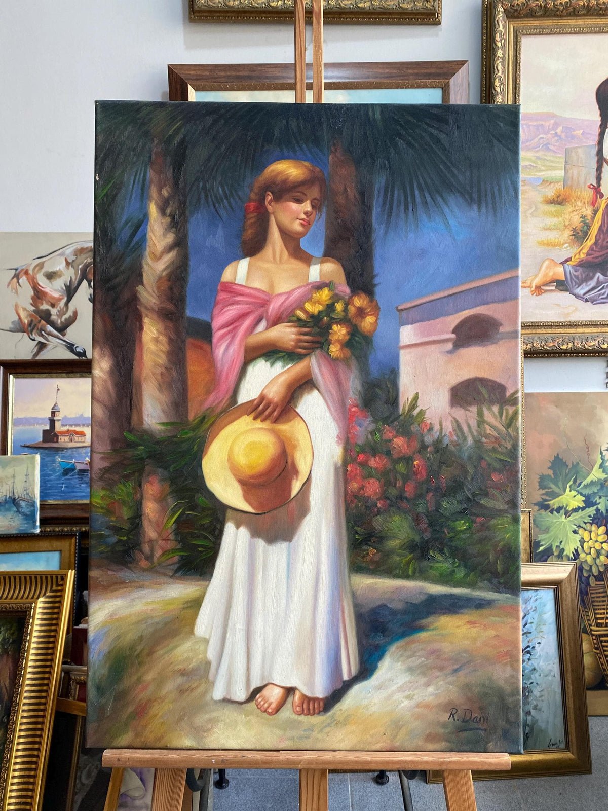 Woman with Sunflowers Oil Painting, Original Figurative Art (23x35") | BoselliArt hand-painted oil painting