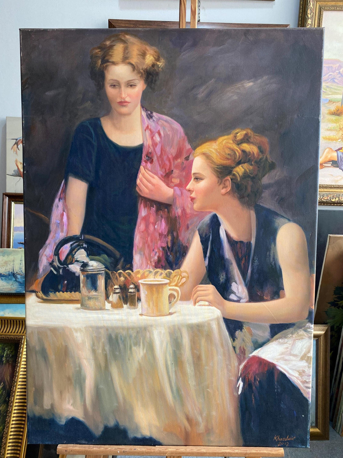 Antique Oil Painting, Two Women at Tea Time, Figurative Art | BoselliArt hand-painted oil painting