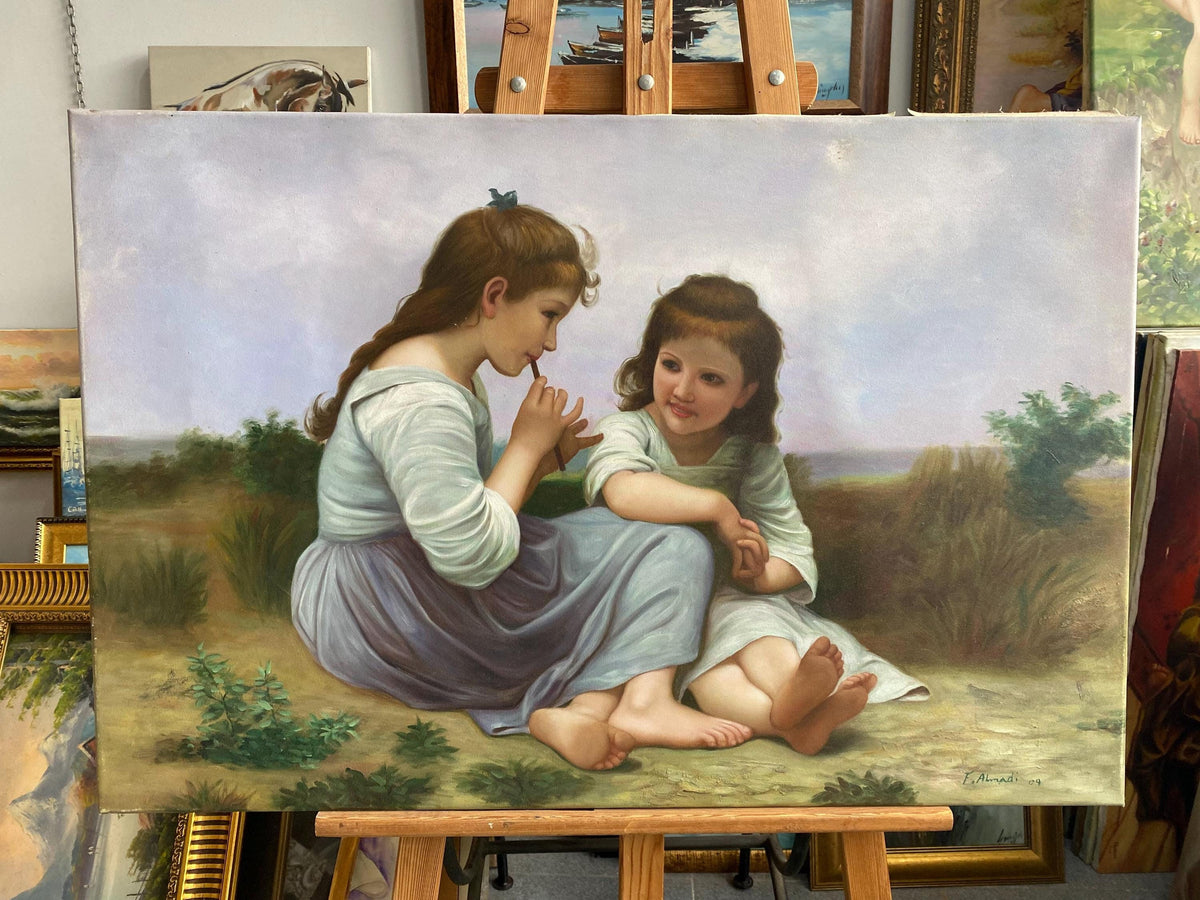 Vintage Oil Painting of Two Girls, Friendship Portrait, Classic Wall Art (23x35) | BoselliArt hand-painted oil painting