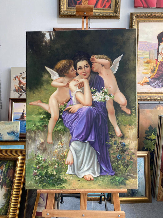 Hand-Painted Oil Painting, Woman with Cherubs, Romantic Vintage Art | BoselliArt hand-painted oil painting
