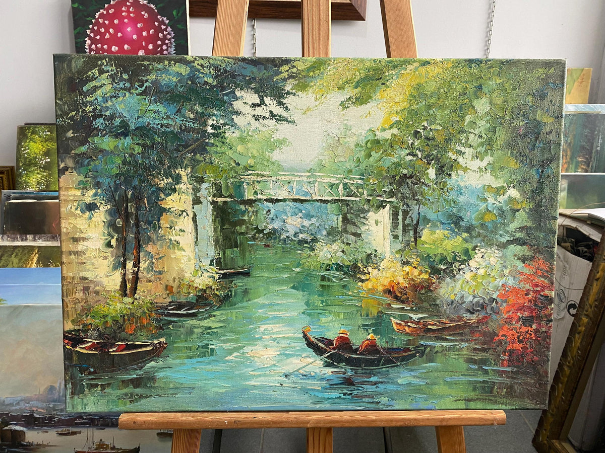 Impressionist River Landscape Painting, Bridge and Boats, Hand-Painted Canvas Art | BoselliArt hand-painted oil painting