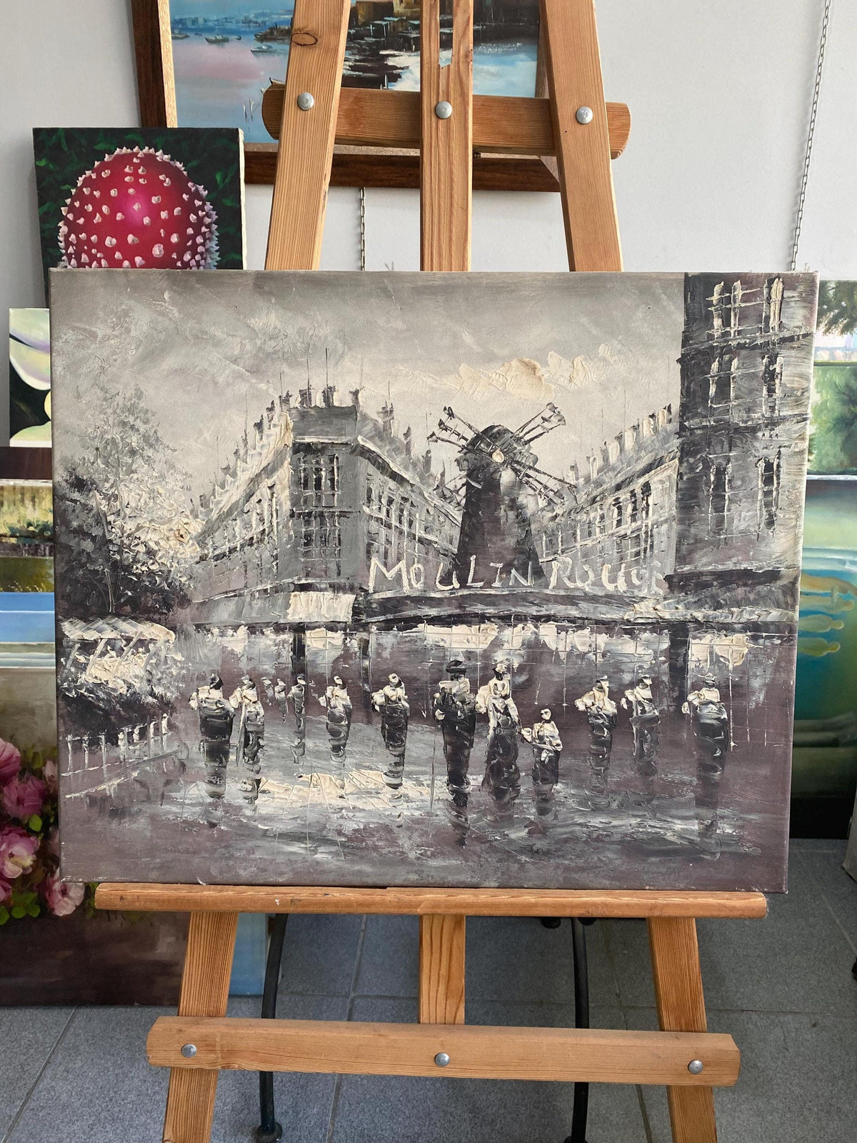 Hand-Painted Moulin Rouge Painting, Monochrome Paris Street Scene, Impressionist Canvas Art | BoselliArt hand-painted oil pai