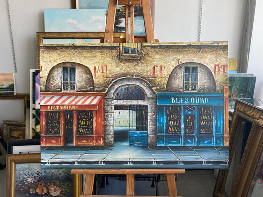 Hand-Painted Parisian Street Scene Oil Painting, French Cafe Wall Art | BoselliArt hand-painted oil painting