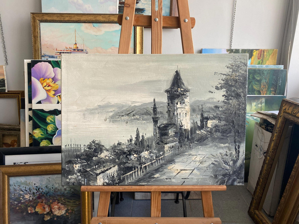 Hand-Painted Galata Tower Canvas Art, Istanbul Cityscape, Black & White | BoselliArt hand-painted oil painting