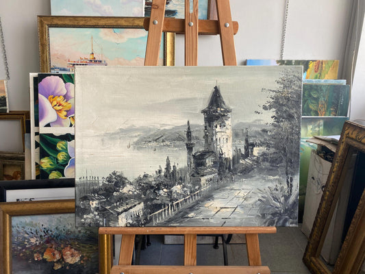 Hand-Painted Galata Tower Canvas Art, Istanbul Cityscape, Black & White | BoselliArt hand-painted oil painting