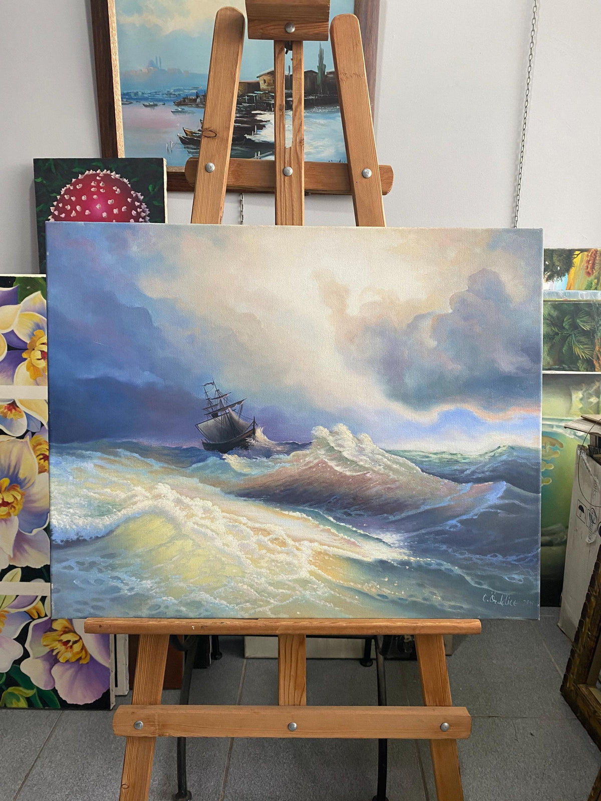 Hand-Painted Stormy Ocean Wave Canvas Art, Nautical Ship Seascape | BoselliArt hand-painted oil painting